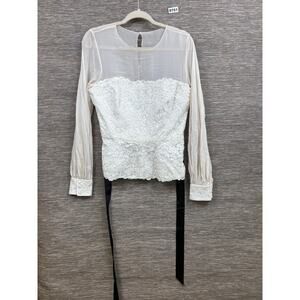 Teri Jon Blouse Womens 12 White Floral Lace Sheer Long Sleeve Peplum Top